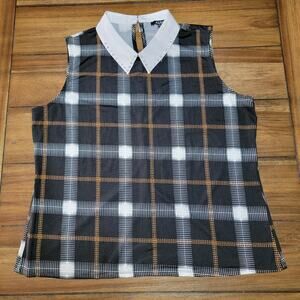 AUW Black Brown & White Plaid Sleeveless Blouse w/ Bling Collar - Size XL*